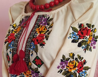 Slavic Embroidery blouse roses pattern Ukrainian outfit  for Easter wedding gift birthday Vyshyvanka Flower ornament on a cream cloth