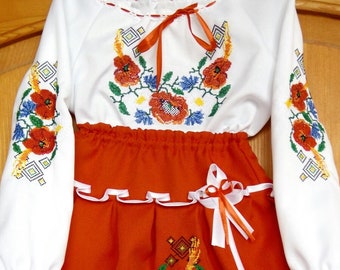 Suit etntic for the girl with red skirt and white blouse Embroidery of red poppies and blue cornflowers Ukrainian vyshyvanka  Gift for girls