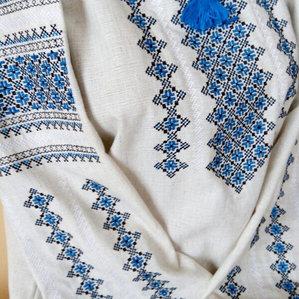 Embroidered blue linen  blouse Ukrainian for women for wedding birthday Easter Linen shirt Blue geometric ornament on natural linen material