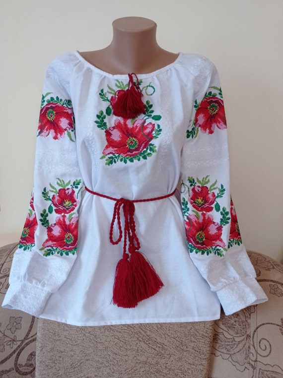 Embroidered Women's Shirt With Red Poppy Vyshivanka - Etsy