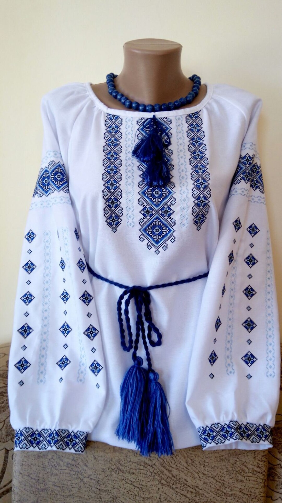 Ukrainian Embroidered Blouse for Women With Blue Geometric Ornament on