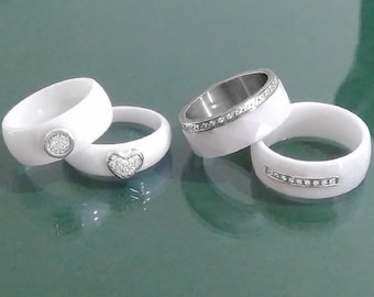 Wide white ceramic silver or steel ring for women