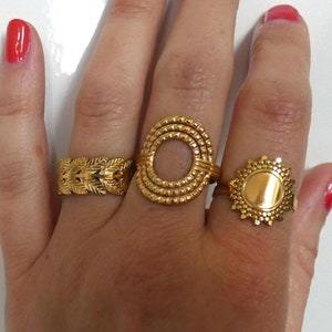 Wide gold ring for women, stainless steel, adjustable gold ring