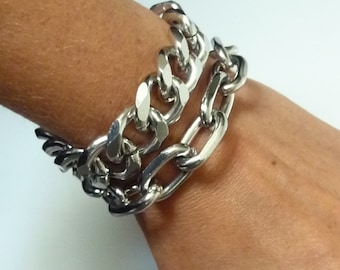 Bracelet gourmette en argent, chaîne large , grosse maille xxl, femme ou homme acier+aluminium style Rock