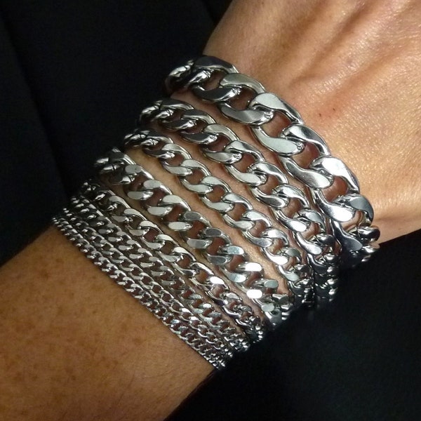 Bracelet gourmette en argent, chaîne large , grosse maille xxl, femme ou homme acier style Rock,gros bracelet chaîne