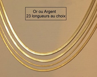 Collier court,ras de cou,chaîne maille plate, serpentine acier inoxydable Or ou Argent femme