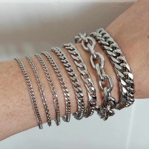 Wide silver mesh steel chain bracelet, Cuban chain, woman image 1
