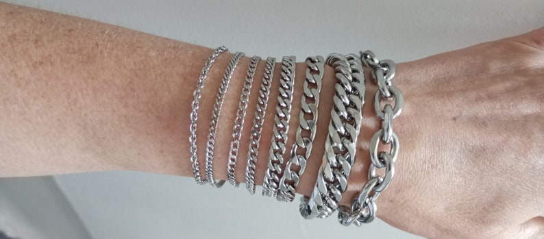 Wide silver mesh steel chain bracelet, Cuban chain, woman image 7