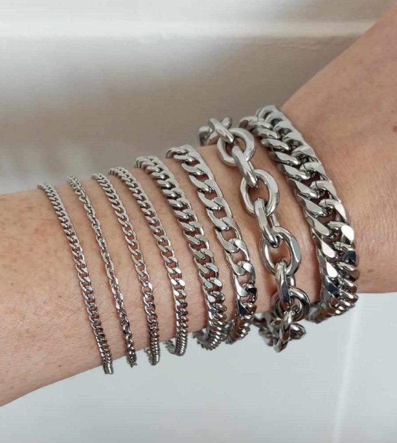 Wide silver mesh steel chain bracelet, Cuban chain, woman image 5