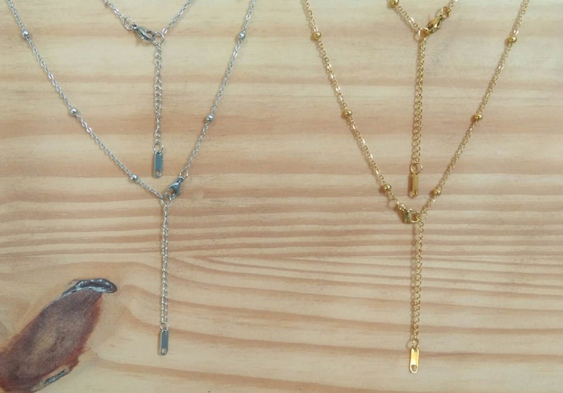 Collier long fin, sautoir, chaîne mini perles, acier doré ou argenté femme image 3