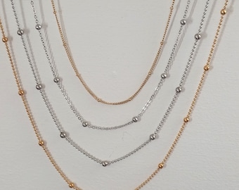 Collier chaîne fine perlée acier inoxydable dorée ou argentée pour femme, mini petites perles