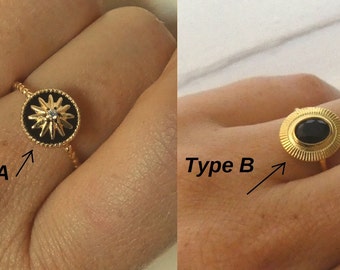 Fine women's ring, steel or gold plated, gold and black, round or oval