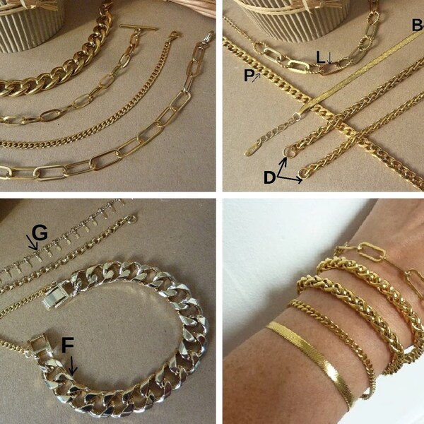 Bracelets chaînes mailles larges, acier inoxydable doré ou plaqué or, femme