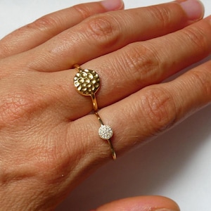 Round women's ring, gold-plated or 316L stainless steel, mini round disc, hammered circle or cubic zirconia, minimalist