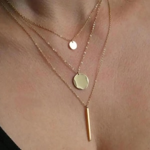 Women's layered necklaces, multi-strand, gold or silver steel, pendants, double or triple strand chains