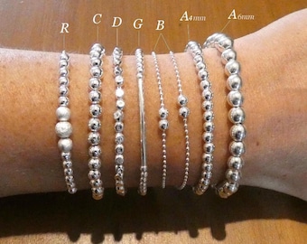 Pulseira feminina prateada com contas - Pulseira fina e minimalista - Conjunto de pulseiras prateadas - Pulseira de contas prateadas