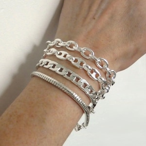 Large chain bracelet, wide mesh in silver plate for women