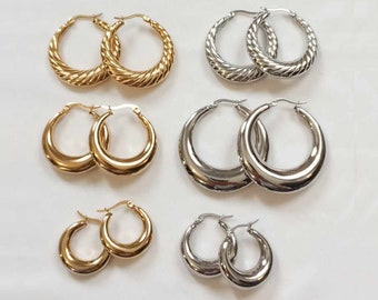 Large, small hoop earrings, wide hoops for women, stainless steel, gold/silver