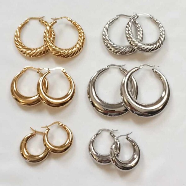Large, small hoop earrings, wide hoops for women, stainless steel, gold/silver