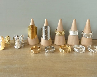 Wide women's gold-plated or silver hammered ring, adjustable, adjustable, tube or signet ring type