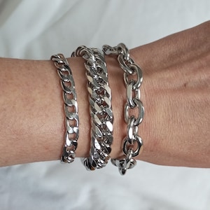 Wide silver mesh steel chain bracelet, Cuban chain, woman image 9