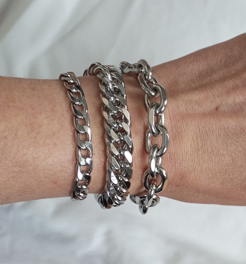 Wide silver mesh steel chain bracelet, Cuban chain, woman image 9