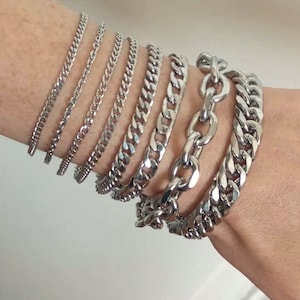 Wide silver mesh steel chain bracelet, Cuban chain, woman image 4