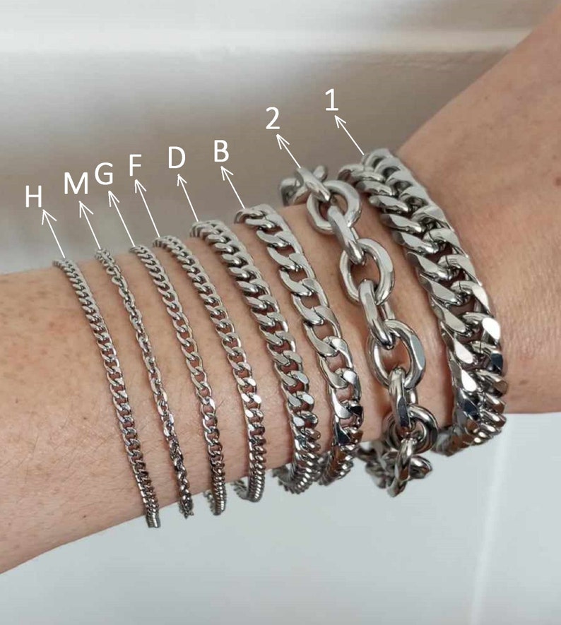 Wide silver mesh steel chain bracelet, Cuban chain, woman image 2