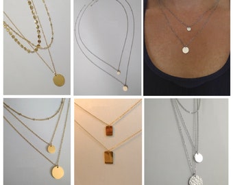Women's long multi-row gold or silver necklace, superimposed and pendants, double or triple-row chain, steel