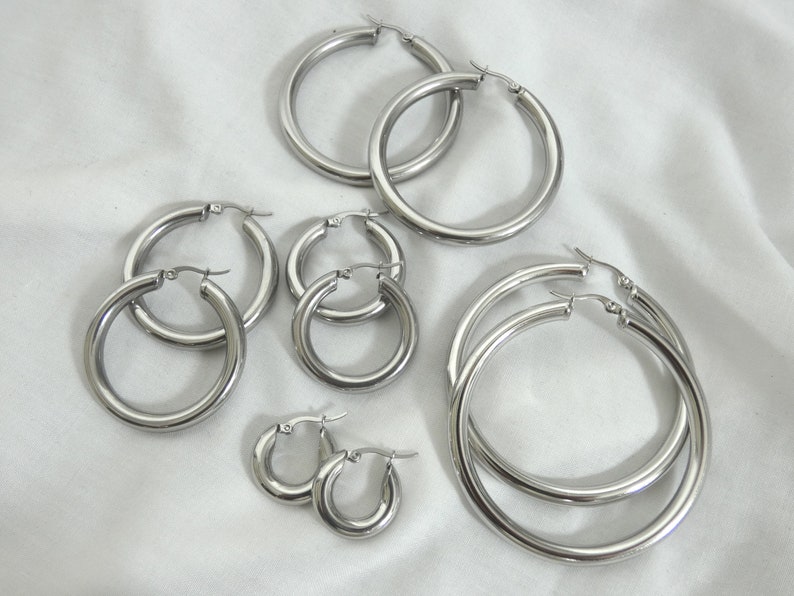 Large, small creole round hoop earrings for women Stainless Steel SILVER or GOLD image 7