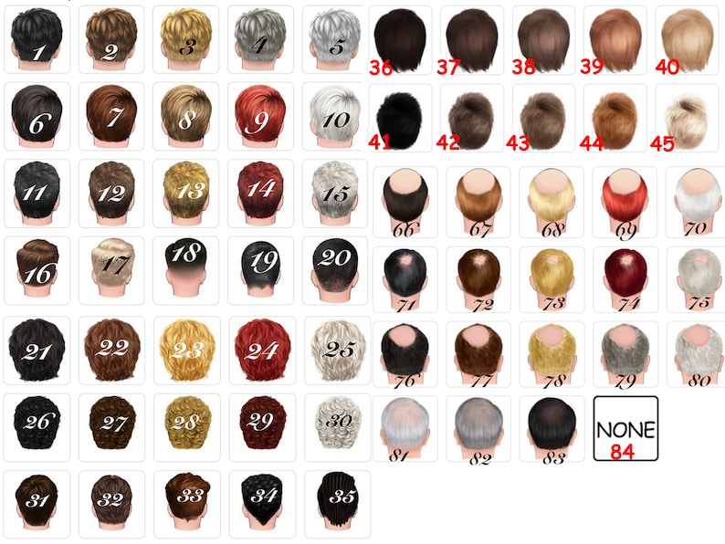 May include: A grid of 84 small images, each depicting a different hairstyle from the back. The hairstyles vary in color, length, and style, including black, brown, blonde, and gray options. Some images are bald or balding.