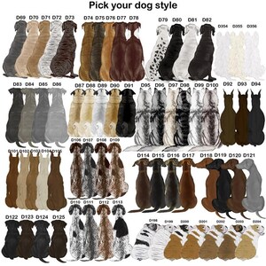 Pu&ograve; includere: Un grafico con 40 razze di cani diverse, ciascuna illustrata in posizione seduta. I cani sono disposti in righe e colonne, con ogni cane etichettato con un numero. Il grafico &egrave; intitolato "Scegli il tuo stile di cane".