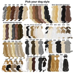 Pu&ograve; includere: Un grafico con 68 diverse illustrazioni di cani in varie pose e colori. Ogni cane &egrave; etichettato con un numero da D1 a D68. Il grafico &egrave; intitolato "Scegli il tuo stile di cane".