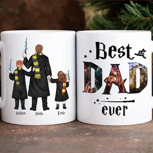 May include: White ceramic mug featuring a black and white illustration of a family of four dressed as wizards. The mug displays the text "Best Dad Ever" with a wand and stars. The text "William, Daddy, Emily" is printed beneath the illustration.
