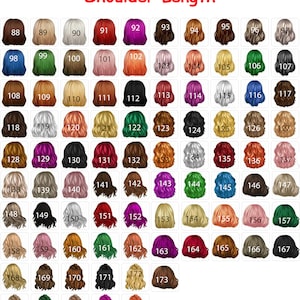 May include: A grid of 90 different hair color and style options, each numbered. The styles range from short bobs to long waves, in colors including blonde, brown, black, red, and purple. The text "Shoulder Length" is at the top.