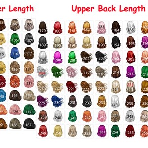 Pu&ograve; includere: Un grafico di 257 colori di capelli diversi, organizzati per lunghezza delle spalle e lunghezza della parte superiore della schiena. I colori vanno dal biondo al nero, con sfumature di rosso, marrone e verde.