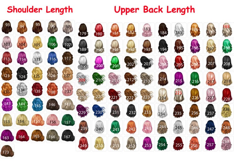 Pu&ograve; includere: Un grafico di 257 colori di capelli diversi, organizzati per lunghezza delle spalle e lunghezza della parte superiore della schiena. I colori vanno dal biondo al nero, con sfumature di rosso, marrone e verde.