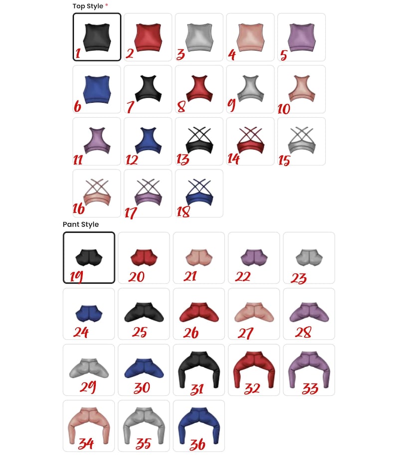 May include: A selection of 36 different athletic wear options, including tops and pants. The tops are in a variety of colors and styles, including tank tops, sports bras, and long-sleeved shirts. The pants are in a variety of colors and styles, including leggings, joggers, and shorts.