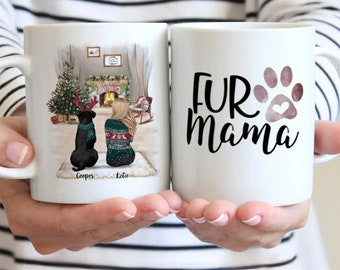 Up to 3 Dogs - Girl and Dogs Christmas - Fur Mama - Personalized Mug - Personalised gift - Christmas Dog Gift - Christmas gift