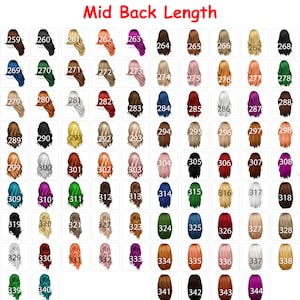 May include: A chart of 100 different hair colors, numbered from 259 to 344. The hair colors range from blonde to black, with shades of red, brown, and green. The hair colors are arranged in a grid of 10 rows and 10 columns.
