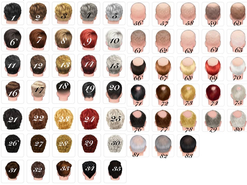 Pu&ograve; includere: Un set di 85 avatar maschili di colori e stili diversi, ognuno con un'acconciatura e tratti del viso unici. Gli avatar sono disposti in una griglia.