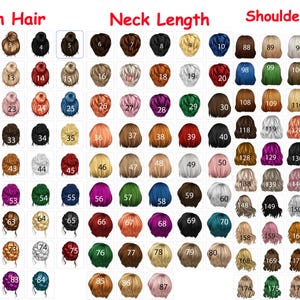 Pu&ograve; includere: Un grafico con 87 diversi stili di capelli per donne. Le acconciature sono organizzate in tre categorie: capelli raccolti, lunghezza del collo e lunghezza delle spalle. Ogni acconciatura &egrave; numerata.