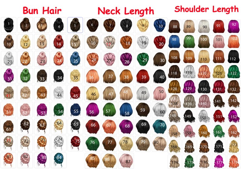Pu&ograve; includere: Un grafico con 87 diversi stili di capelli per donne. Le acconciature sono organizzate in tre categorie: capelli raccolti, lunghezza del collo e lunghezza delle spalle. Ogni acconciatura &egrave; numerata.