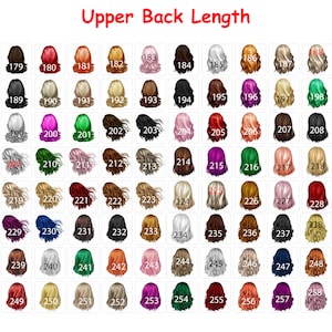 May include: A grid of 70 small illustrations of hairstyles, each with a number. The text "Upper Back Length" is at the top in red. The hairstyles vary in color, including blonde, brown, red, and black.