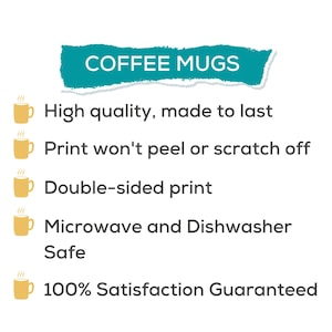 May include: A list of features for coffee mugs, including high quality, double-sided print, microwave and dishwasher safe, and 100% satisfaction guaranteed.