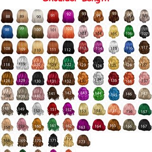 May include: A chart of 178 different hair colors, numbered from 88 to 178. The hair colors are all shoulder length and are arranged in a grid.