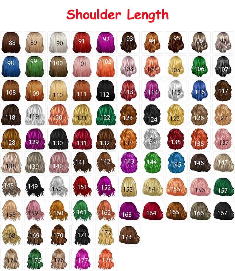May include: A chart of 178 different hair colors, numbered from 88 to 178. The hair colors are all shoulder length and are arranged in a grid.