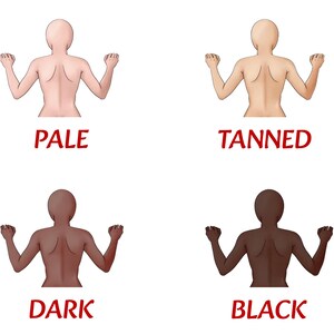 May include: Four illustrations of people with different skin tones, from pale to black, with their arms raised and hands open. The illustrations are labeled "Pale", "Tanned", "Dark", and "Black".