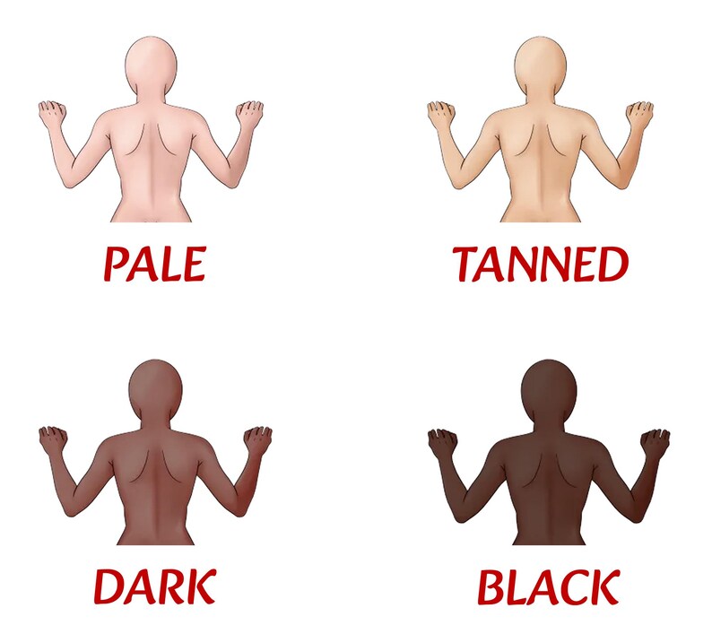 May include: Four illustrations of people with different skin tones, from pale to black, with their arms raised and hands open. The illustrations are labeled "Pale", "Tanned", "Dark", and "Black".