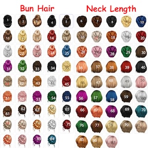 May include: A grid of 87 illustrations of various hairstyles and hair colors, labeled "Bun Hair" and "Neck Length." The illustrations include different bun styles and hair colors ranging from black to blonde, with numbers assigned to each style.
